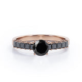 Shared Prong - 1.35 TCW Round Brilliant Cut Lab Created Black Diamond - Milgrain Bezel Engagement Ring in White Gold