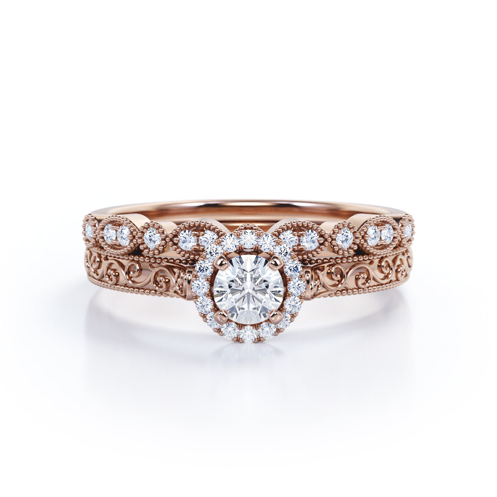 0.55 Carat Round Cut Diamond Halo Wedding Ring Set In White Gold