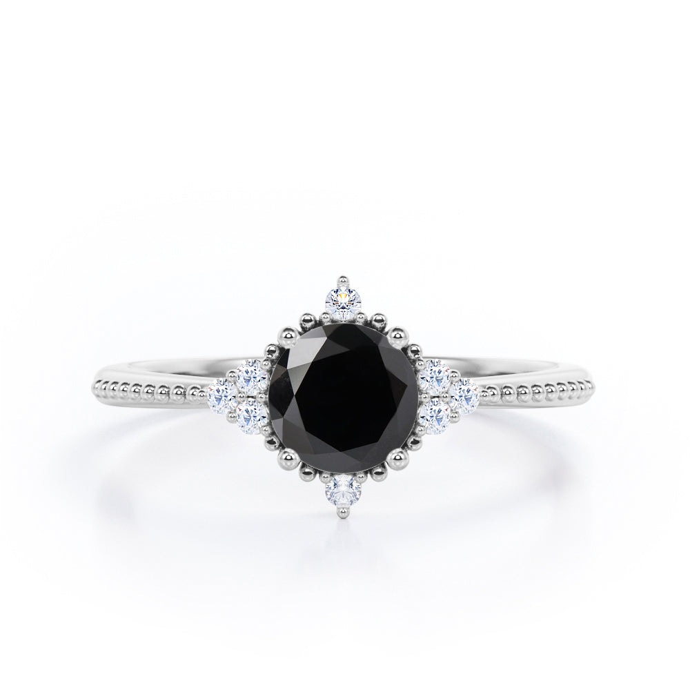 Antique Milgrain Line 0.5 carat Round Black Diamond Engagement Ring in Rose Gold