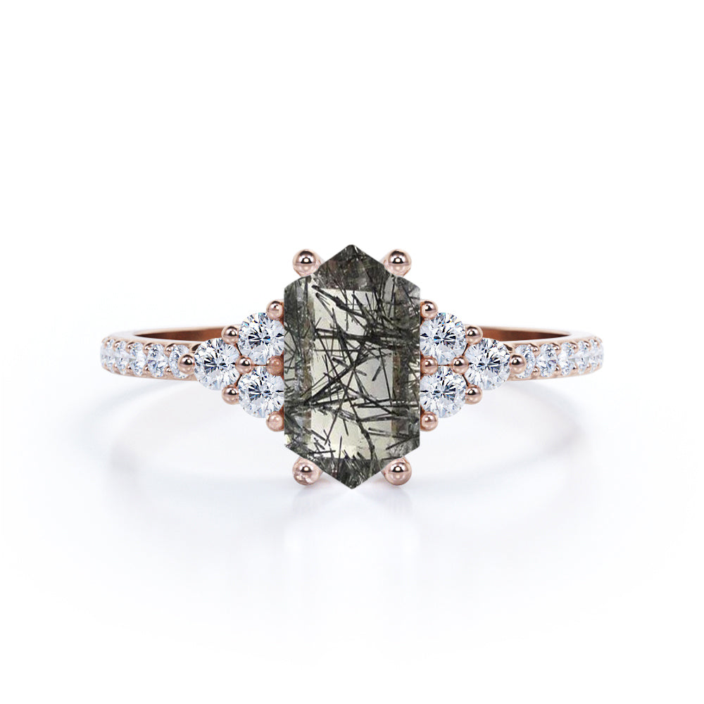 1.45 ct Hexagon Black Rutilated Quartz Pave Engagement Ring