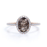 Classic Halo 1.50 Carat Oval Cut Natural Druzy Black Brown Rutilated Quartz and Diamond Pave Engagement Ring