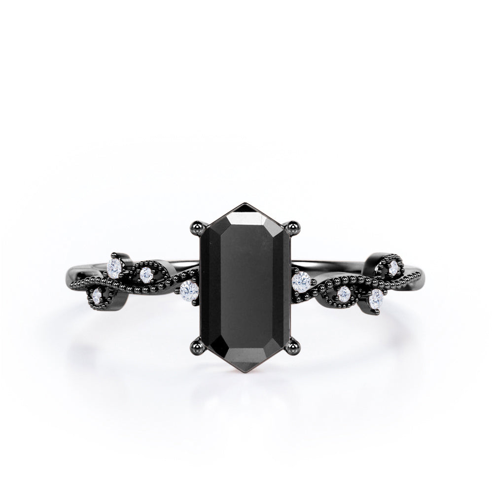 Vintage Wavy Milgrain 0.5 carat Hexagon Black Diamond Engagement Ring in Rose Gold