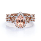 Limited Time Sale: Huge 2 Carat Pear cut Morganite and Diamond Trio Wedding Ring Set in Rose Gold