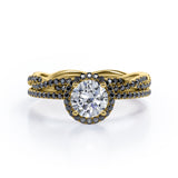 Pave Twisted Eternity 1.75 TCW Round Brilliant Cut Moissanite with Lab Created Black Diamond Halo-Style Wedding Ring Set in Rose Gold