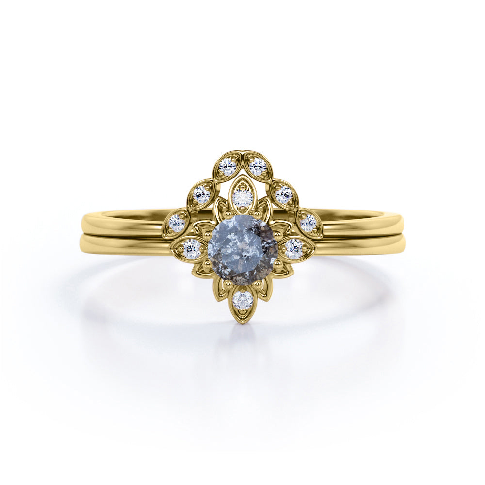 Sunburst Bezel Set 0.65 Carat Round Druzy Black Rutilated Quartz and Diamond Art Deco Dainty Wedding Set Rings