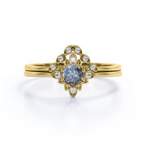 Sunburst Bezel Set 0.65 Carat Round Druzy Black Rutilated Quartz and Diamond Art Deco Dainty Wedding Set Rings