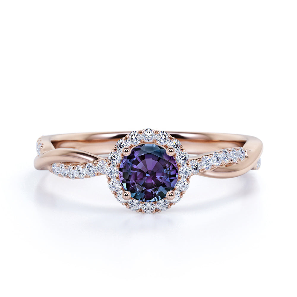Simple Halo 1.50 Carat Round Cut Created Alexandrite and Diamond Infinity Pave Engagement Ring