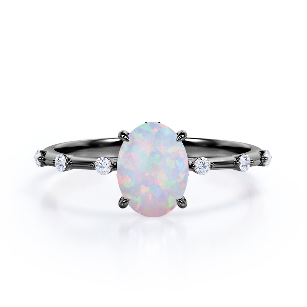 Sharp Four Claws 1.10 Carat Oval Cut Fire Opal And Diamond Seven Stone Engagement Ring In White Gold