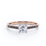 Four Prong Set - 1.25 TCW Princess Cut Moissanite with Lab Created Black Diamond - Scalloped Pave Engagement Ring in White Gold