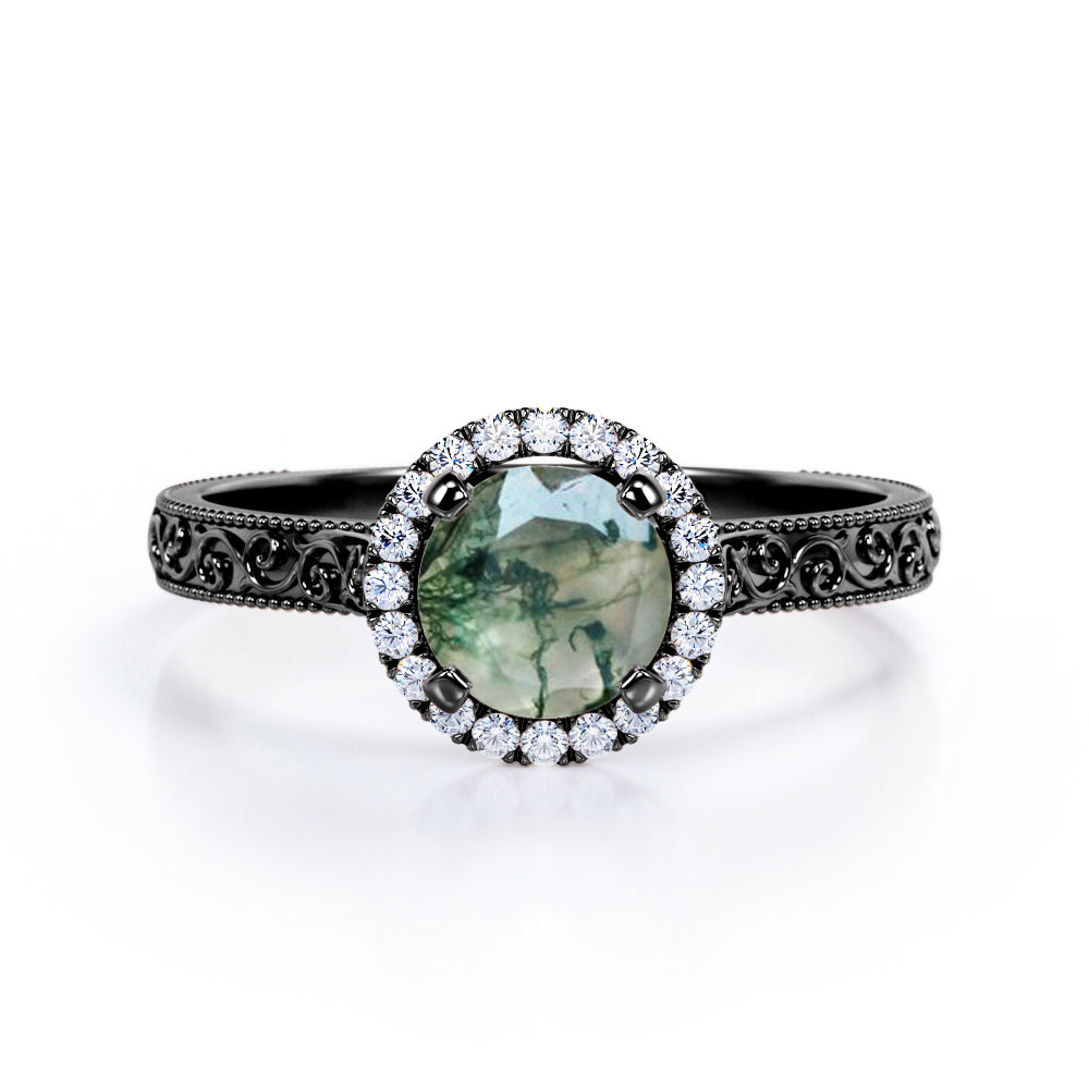 Vintage Milgrain 1 Carat Round Moss Agate and Moissanite Engagement Ring in White Gold