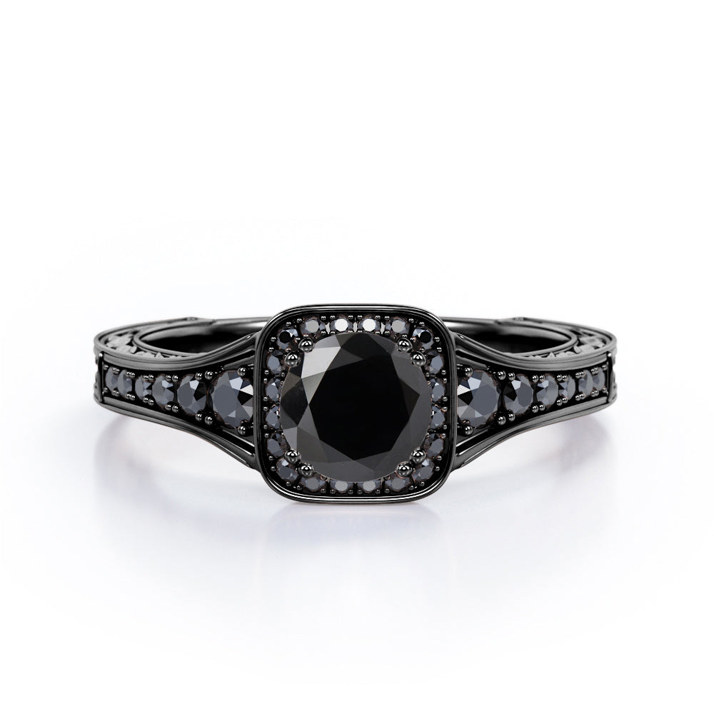 Double Prong Cluster - 1.4 TCW Round Lab Created Black Diamond - Filigree Pave Channel Engagement Ring in White Gold
