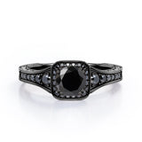 Double Prong Cluster - 1.4 TCW Round Lab Created Black Diamond - Filigree Pave Channel Engagement Ring in White Gold