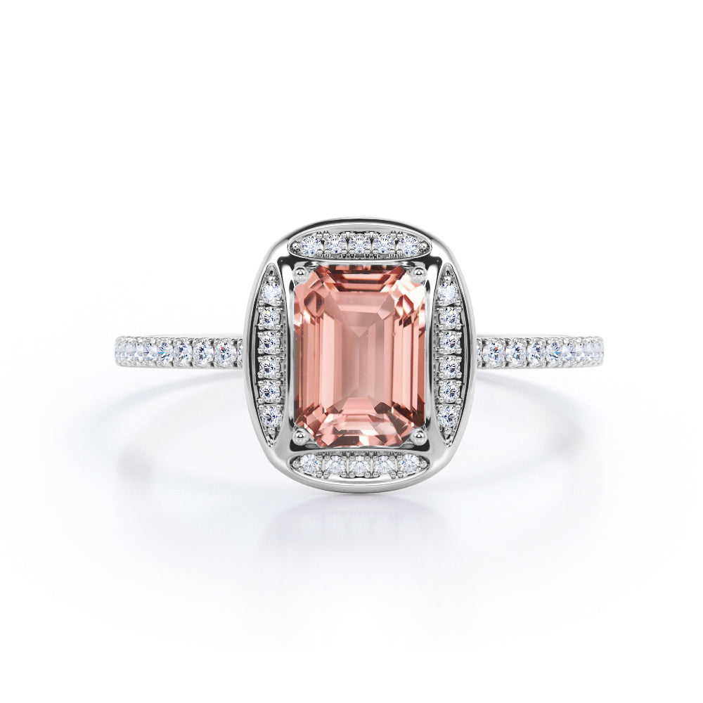 Exquisite 1.25 Carat Emerald Cut Morganite and Diamond Engagement Ring in 10k Rose Gold