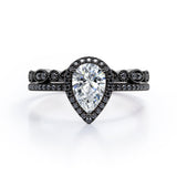 Art-Deco Milgrain Filigree 1.65 TCW Teardrop Moissanite with Lab Created Black Diamond Pave Wedding Ring Set in Yellow Gold