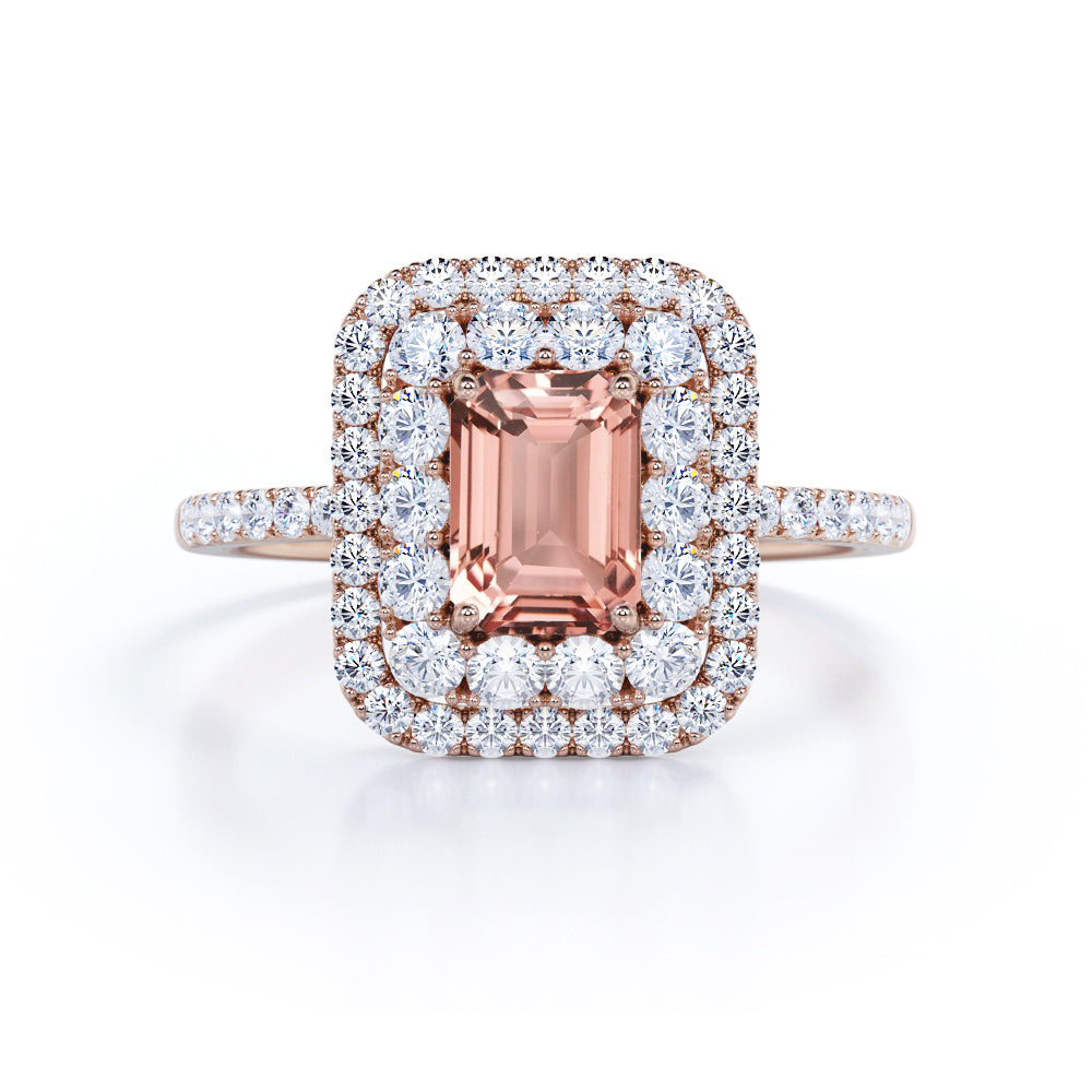 Limited Time Sale: Huge 1.75 Carat Emerald Cut Morganite and Diamond Halo Engagement Ring in White Gold