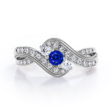 Double Milgrain Curve Infinity 0.7 carat Round Blue Sapphire and Moissanites Engagement Ring in White Gold