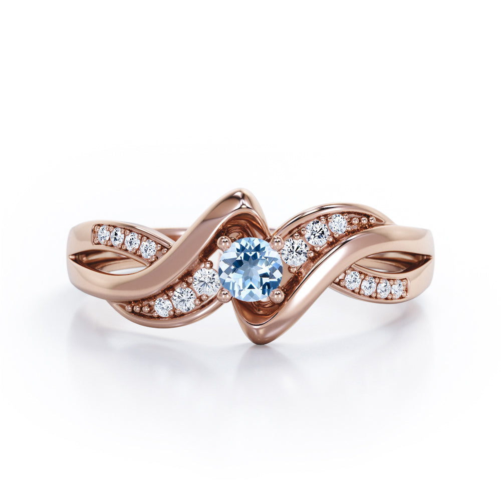 Distorted Unique Twisted Rope 0.6 carat Round Aquamarine and Moissanites Promise Ring in White Gold