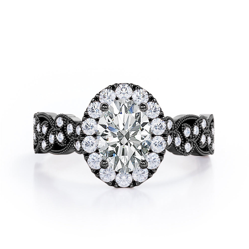 Milgrain Leaf 0.9 carat Oval Moissanite and Diamonds Nature-Inspired Engagement Ring in White Gold