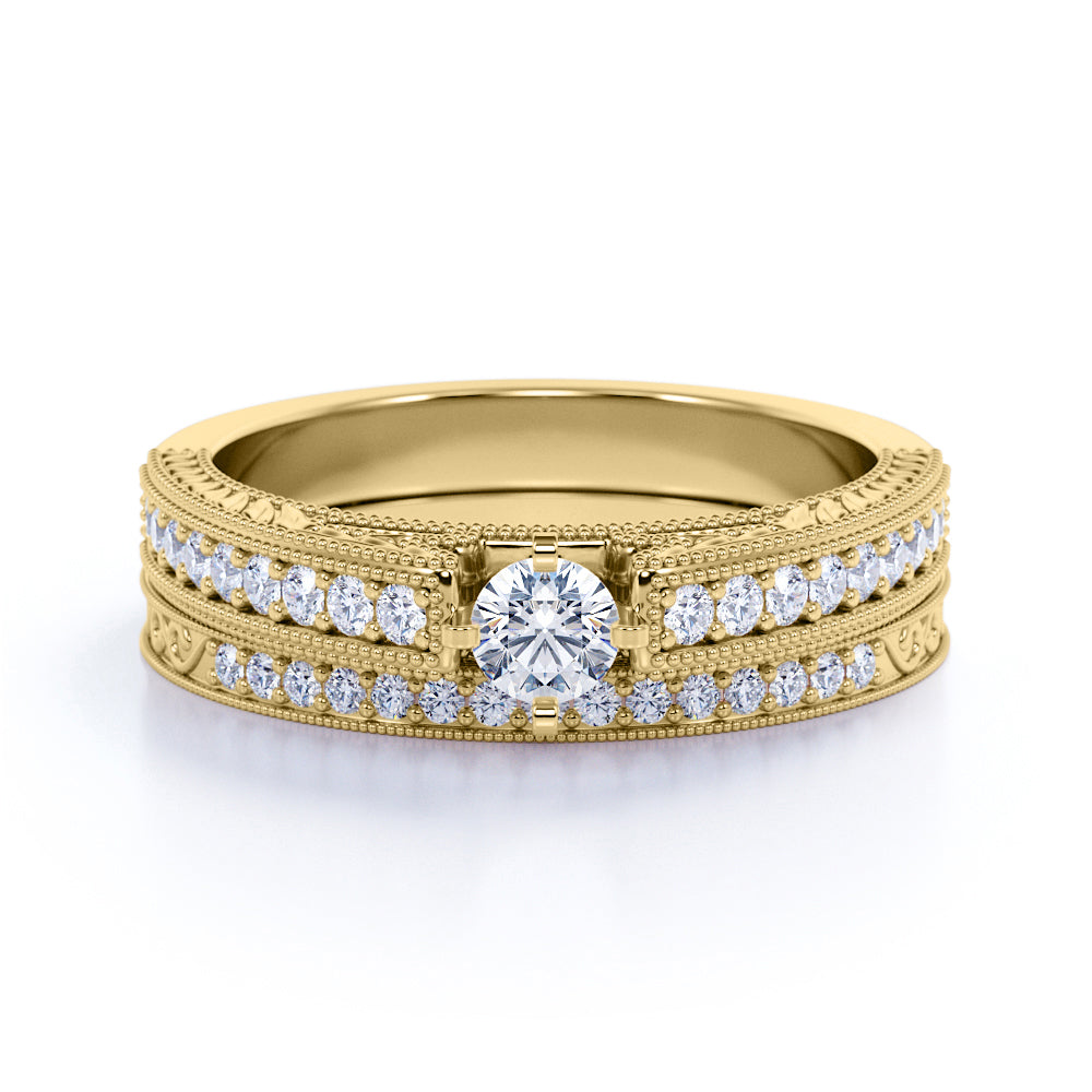 Beautiful Filigree Pave Set 1.25 ct TDW Round Cut Diamond Wedding Set Rings - Bridal Set Rings - in Black Gold