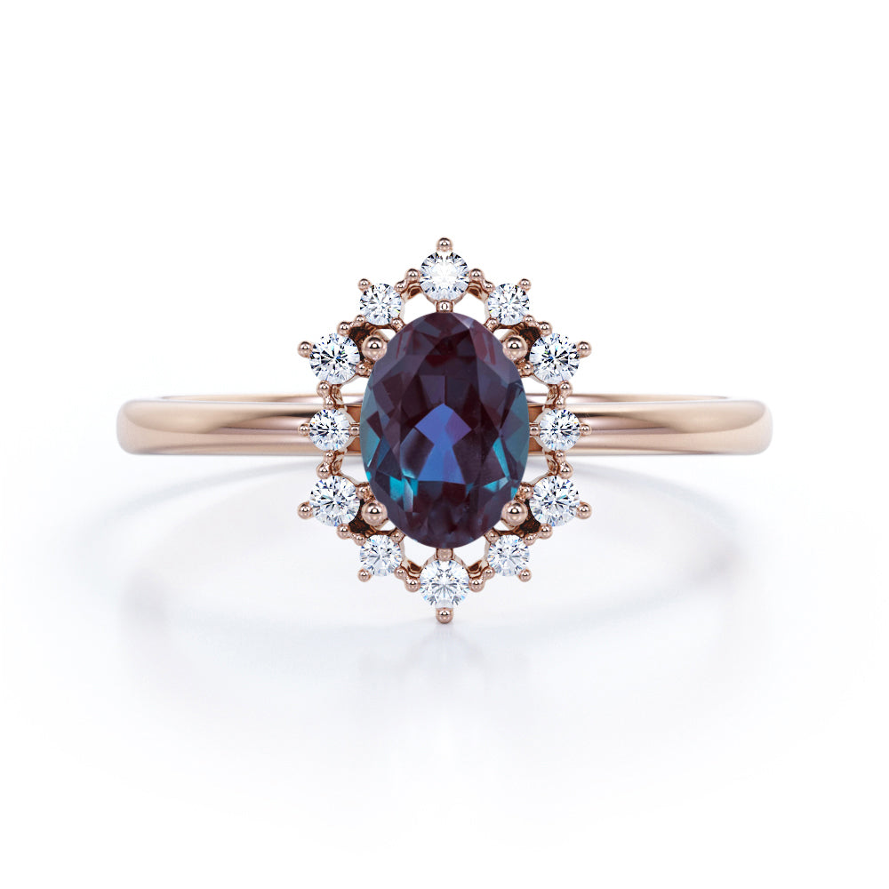 Hexagon Halo 1.20 Carat Oval Cut Lab Created Alexandrite And Diamond Bezel Set Four Prong Engagement Ring In White Gold