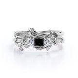 1.25 carat princess cut  Black Diamond three stone vine leaf wedding ring set in white gold