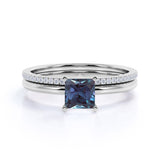 4 Prong Solitaire 1.25 Carat Princess Cut Simulated Alexandrite and Diamond Pave Bridal Set Rings