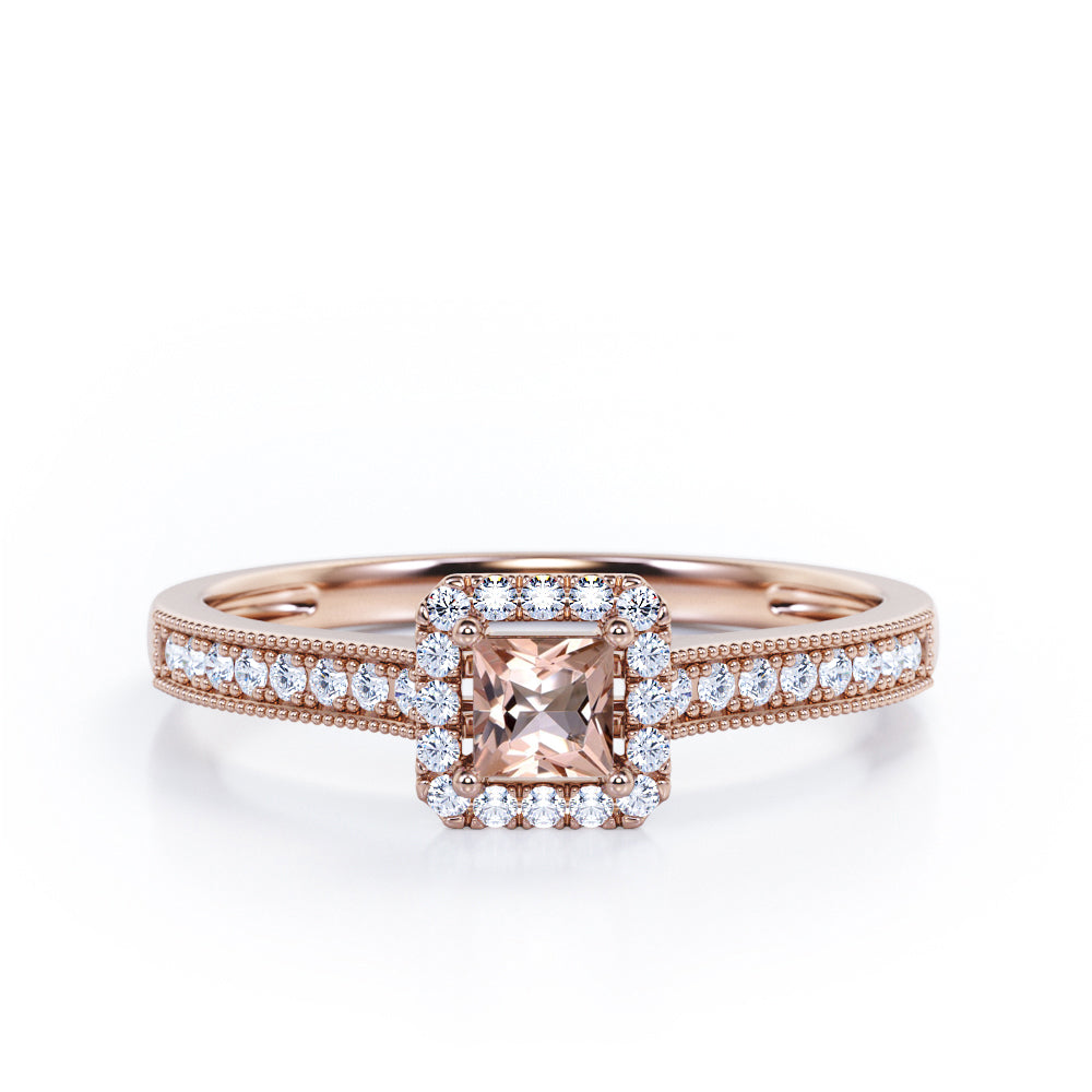 Halo Design 1.25 Carat Princess Cut Morganite and diamond Milgrain-Bordered Pave-Channel Engagement Ring in White Gold