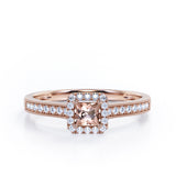 Halo Design 1.25 Carat Princess Cut Morganite and diamond Milgrain-Bordered Pave-Channel Engagement Ring in White Gold