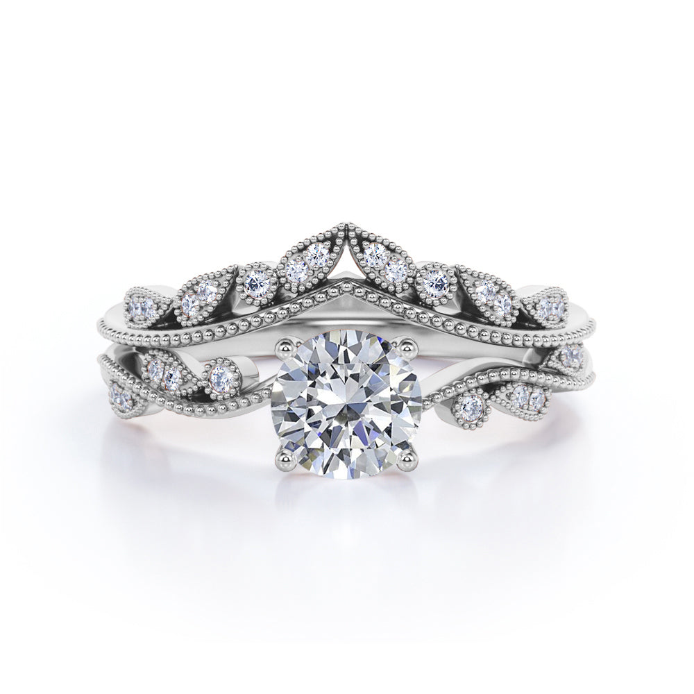 Vintage 1.5 Carat Round Cut Moissanite Bridal Set