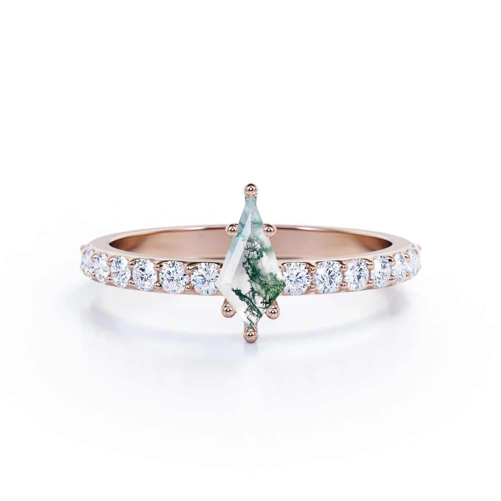 Petite 1.25 carat Step Cut Moss Agate and Moissanite Engagement Ring in White Gold