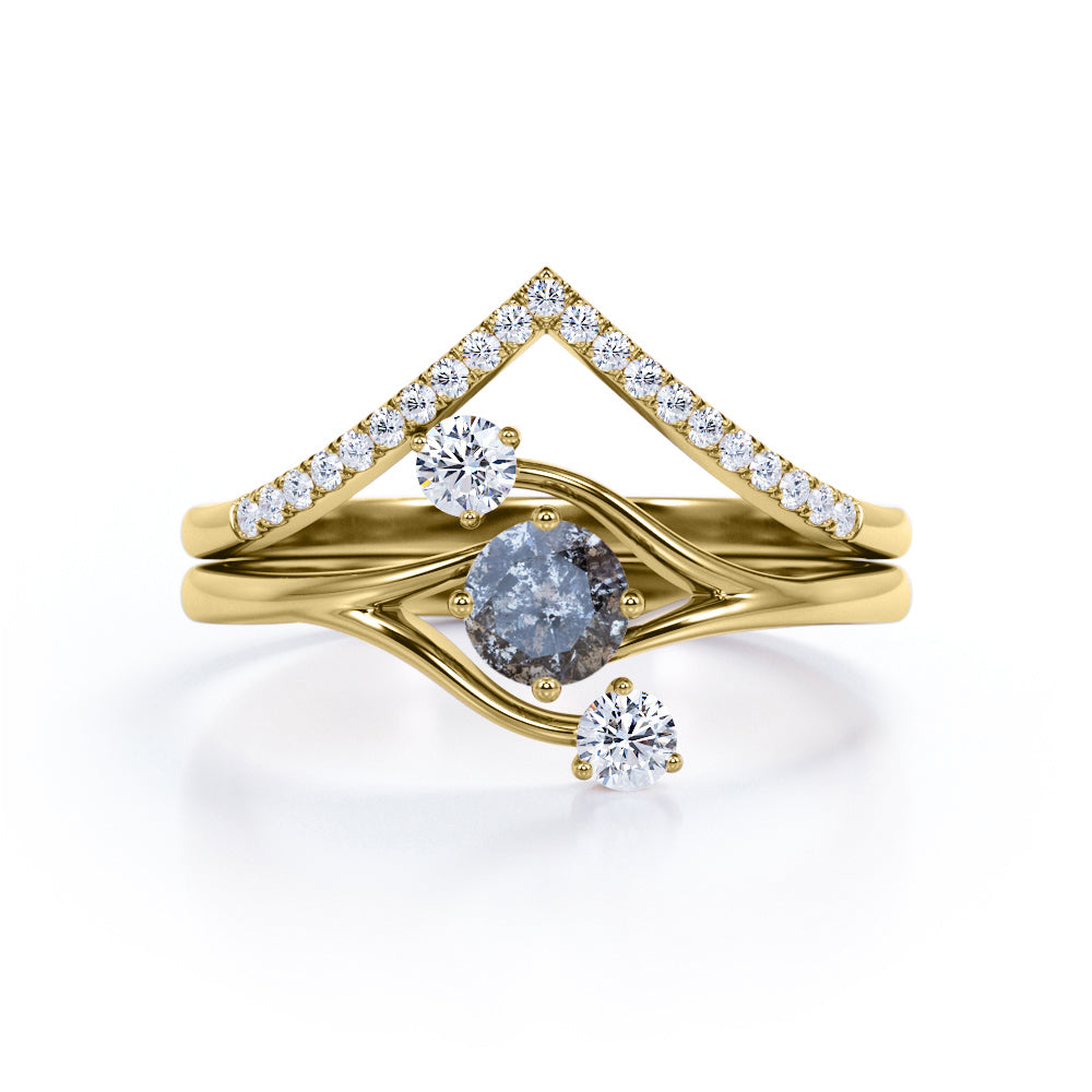 Asymmetrical Bypass 0.85 Carat Round Cut Black Rutilated Quartz and Diamond Contour Pave Bridal Set Rings