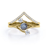 Asymmetrical Bypass 0.85 Carat Round Cut Black Rutilated Quartz and Diamond Contour Pave Bridal Set Rings