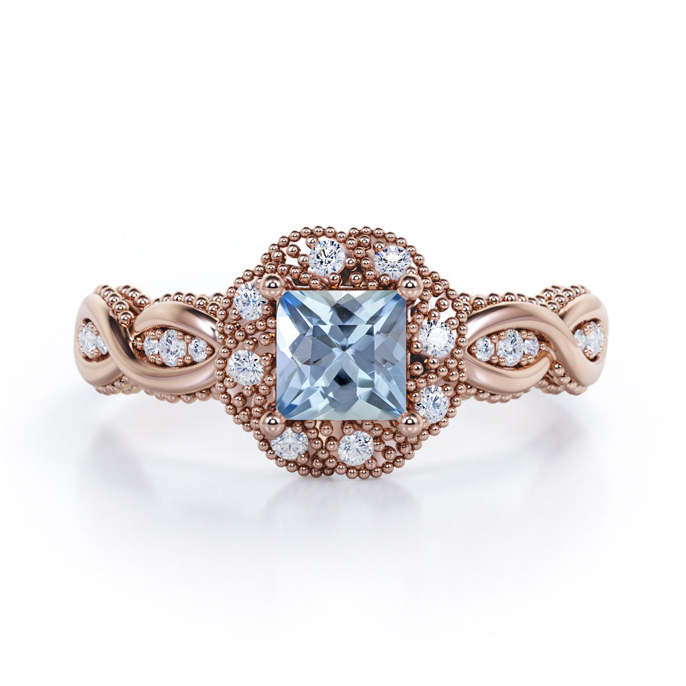 Beaded Halo 1.15 Carat Princess Cut Aquamarine And Diamond Infinity Engagement Ring In White Gold