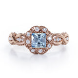 Beaded Halo 1.15 Carat Princess Cut Aquamarine And Diamond Infinity Engagement Ring In White Gold