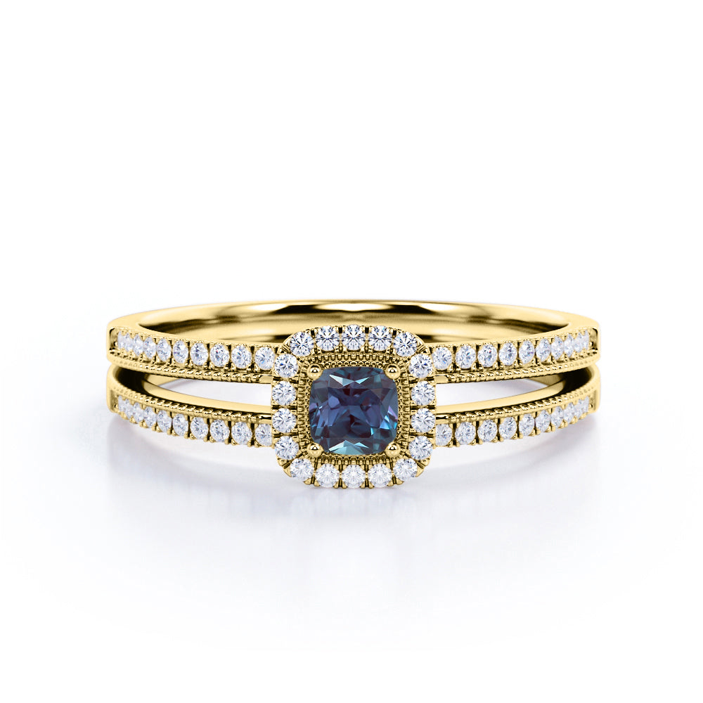 Split Shank 1.50 Carat Cushion Cut Lab Created Alexandrite And Diamond Pave Set Halo Engagement Ring In White Gold.