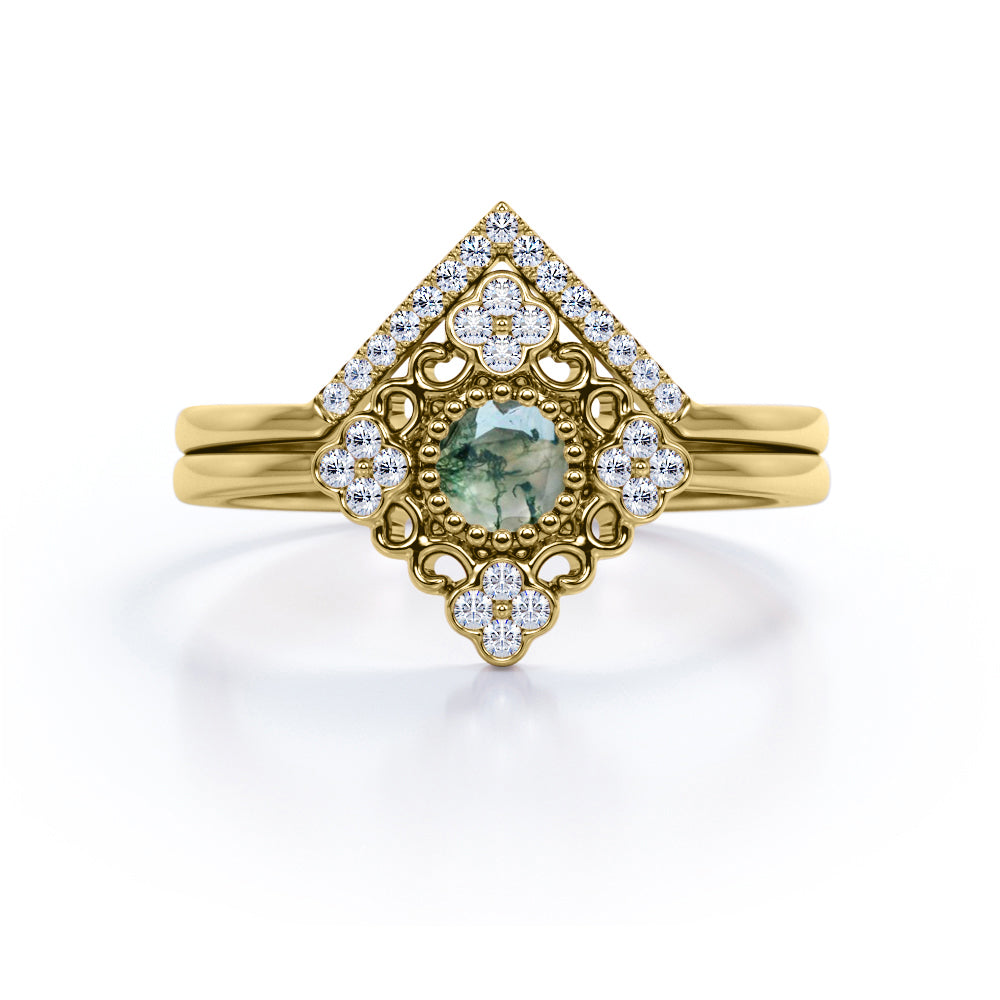 Decorated Kite Shape 0.8 carat Round Green Moss Agate and Moissanite Bridal Ring Set in White Gold