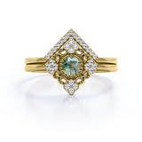 Decorated Kite Shape 0.8 carat Round Green Moss Agate and Moissanite Bridal Ring Set in White Gold