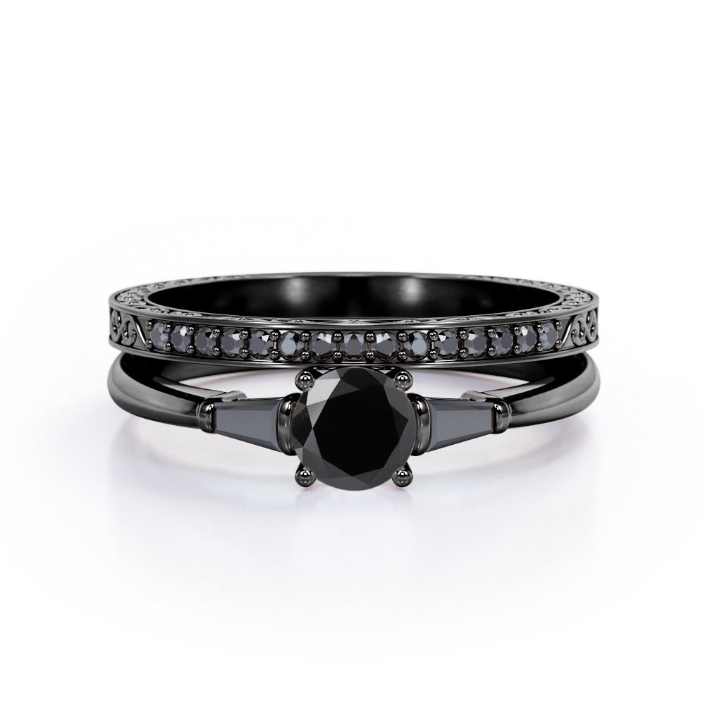 Three-Stone Prong 1.35 TCW Round Cut Lab Created Black Diamond Lattice Bridal Ring Set in White Gold