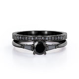 Three-Stone Prong 1.35 TCW Round Cut Lab Created Black Diamond Lattice Bridal Ring Set in White Gold