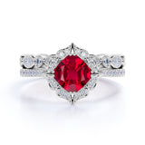 Floral Styled Eternity 2 Carat Cushion Cut Lab Ruby and Diamond Halo Wedding Set with Art Deco Band in White Gold