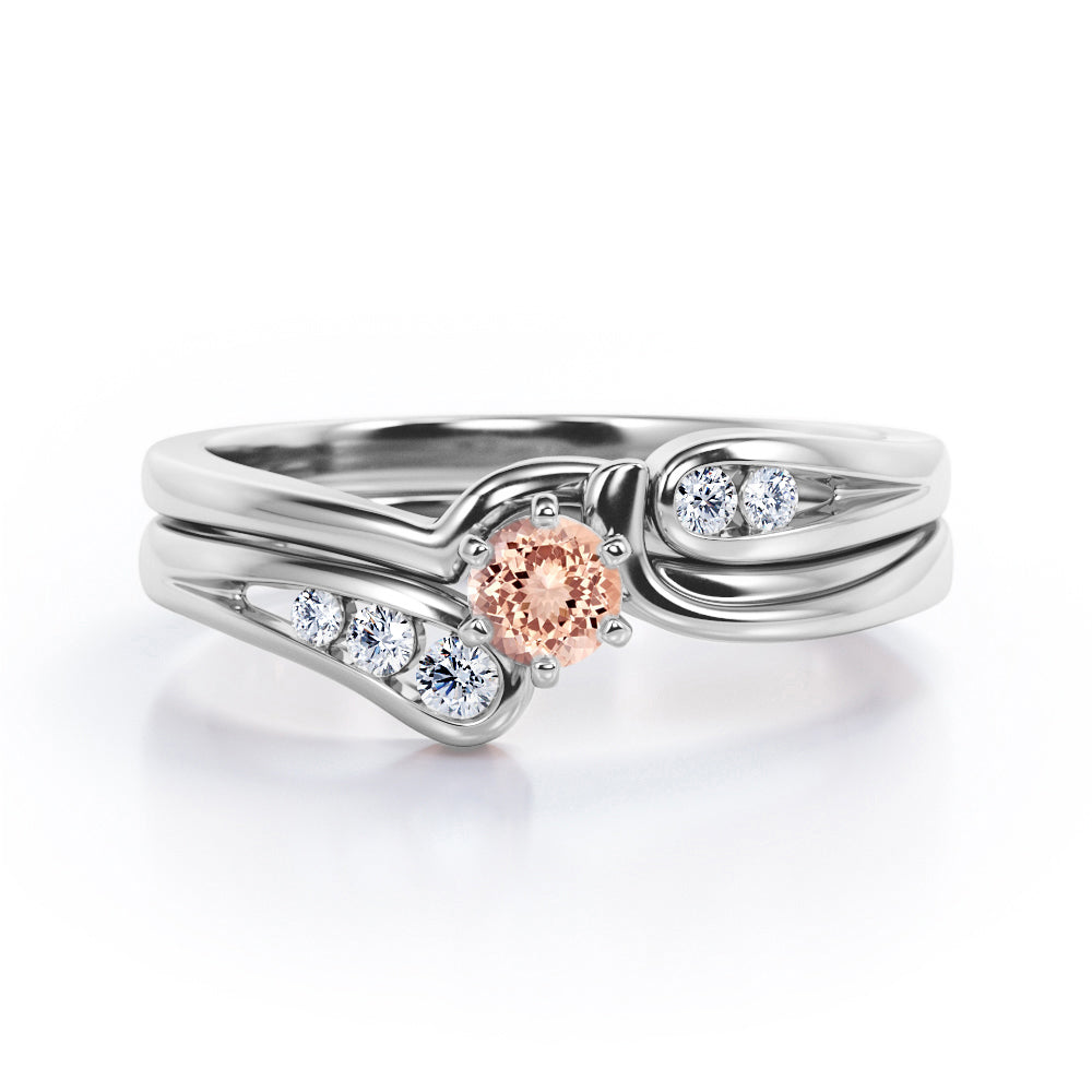 Mini Channel Design 0.5 TCW Round Cut Morganite and Moissanite Six-Prong Bridal Ring Set in Rose Gold