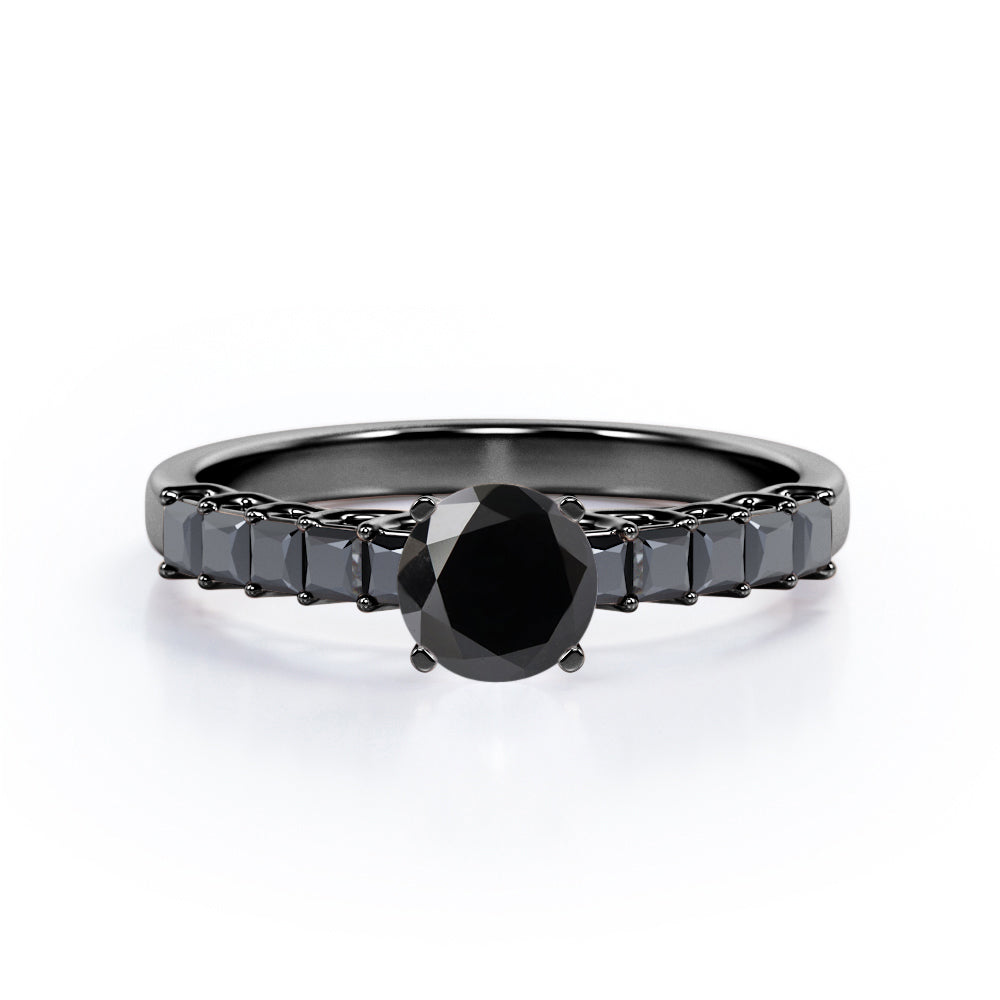Shared Prong - 1.35 TCW Round Brilliant Cut Lab Created Black Diamond - Milgrain Bezel Engagement Ring in White Gold