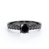 Shared Prong - 1.35 TCW Round Brilliant Cut Lab Created Black Diamond - Milgrain Bezel Engagement Ring in White Gold