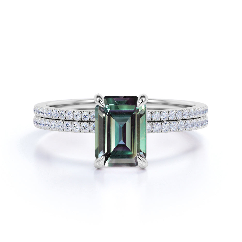 Solitaire 4 Claw 1.50 Carat Emerald Cut Lab Made Alexandrite and Diamond Pave Wedding Ring Sets