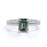 Solitaire 4 Claw 1.50 Carat Emerald Cut Lab Made Alexandrite and Diamond Pave Wedding Ring Sets