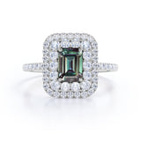 Clustered 1.75 Carat Emerald Cut Lab Created Alexandrite and Diamond Double Halo Pave Engagement Ring In White Gold.