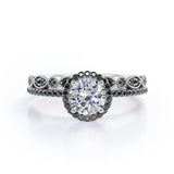 Art Deco Pave Setting - 1.65 TCW Round Cut Moissanite with Lab Created Black Diamond - Halo Design Bridal Set in Yellow Gold
