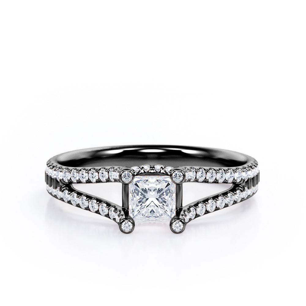 Decorated Prong 0.50 TCW Princess Cut Diamond Split-Shanked Pave Design Engagement Ring in 10K White Gold