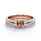 Limited Time Sale: 2 Carat Princess cut Morganite and Diamond Halo Art Deco Wedding Ring Set in Yellow Gold
