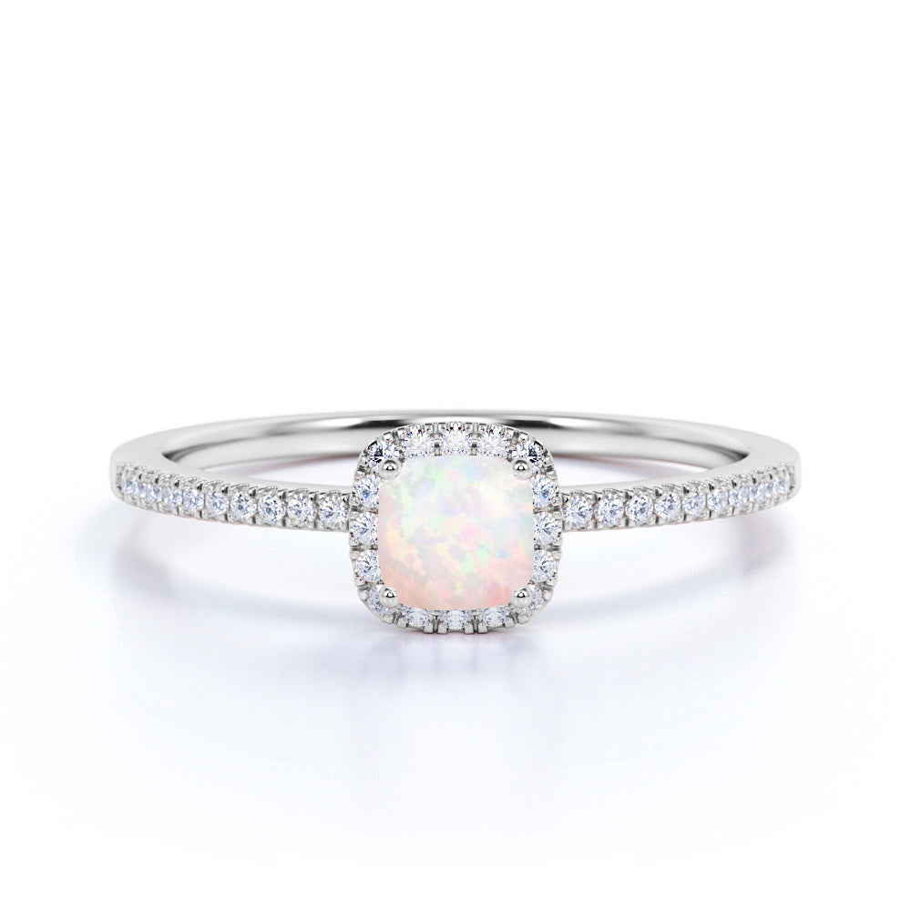 Classic 1 Carat Cushion Red Fire Opal and Diamond French Pave Engagement Ring in Rose Gold